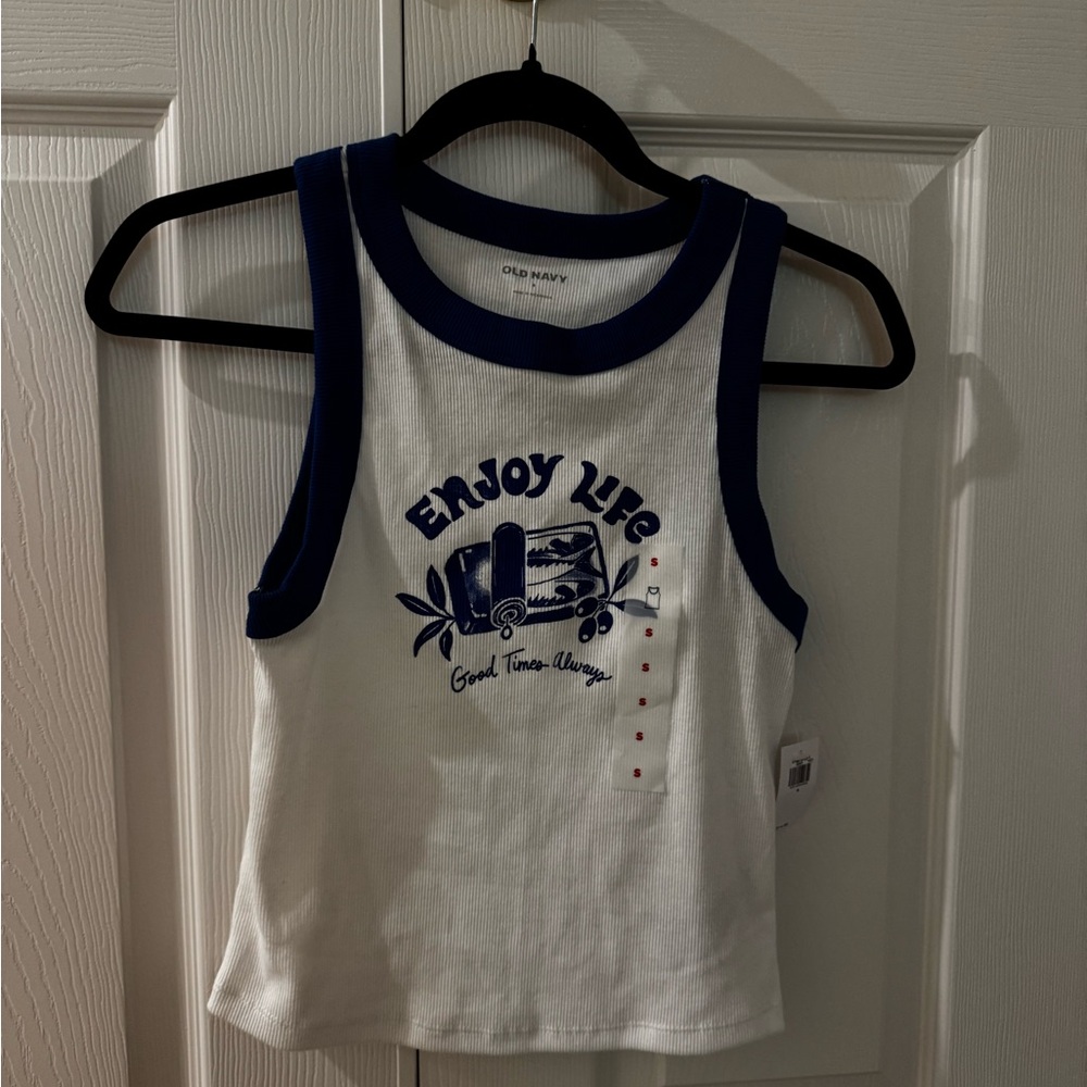 Old Navy White and Blue Graphic Tank Top